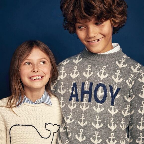 Vineyard Vines Kids Ahoy Anchor Print Merino Wool Blend Sweater Gray Medium - Picture 13 of 13